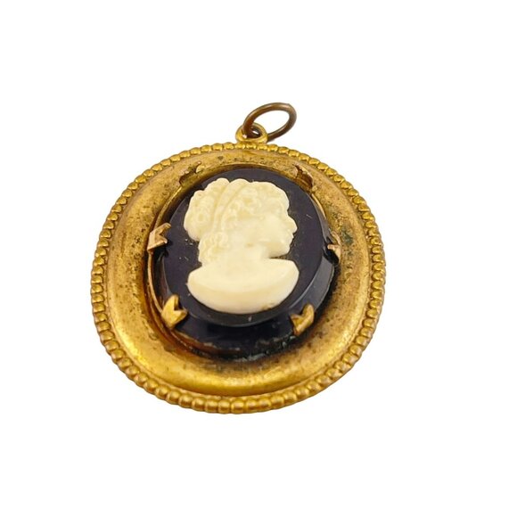 Victorian Revival Cameo Pendant Brooch Brass Oval Black and Cream - Picture 3 of 7